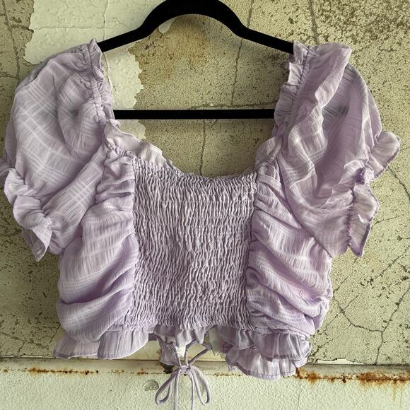 Lavender Ruched Peasant Crop Top Puff Sleeve Romantic Summer Blouse - Picture 6 of 7